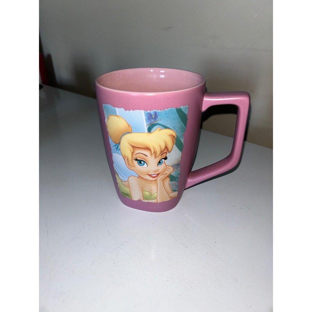Disney Store Tinker Bell Fairies Pink Ceramic Coffee Square Handle Large Mug